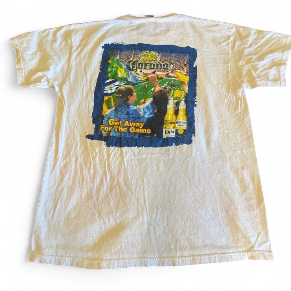 Vintage‎ 90s Corona Beer x Football Graphic T-Shirt, XL — White Y2K Beer Tee